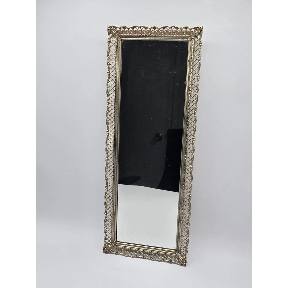 Vintage Hollywood Regency Gold Tone Filigree Wall Mirror Ornate Metal Frame
